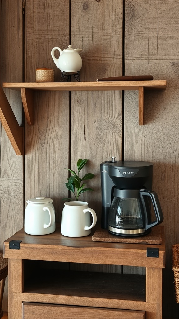 A rustic wooden coffee station with plants, mugs, and coffee supplies.