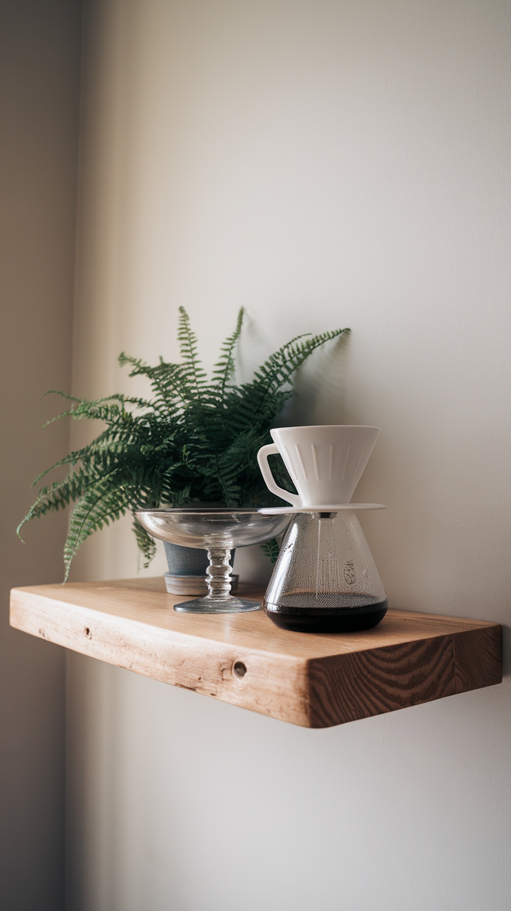A minimalist coffee bar setup featuring white oak floating shelves, a coffee dripper, and a fern plant.