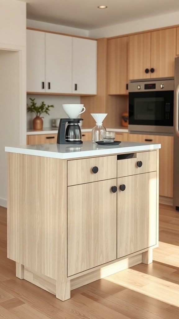 Scandinavian coffee bar island with light-ash veneer and coffee setup.