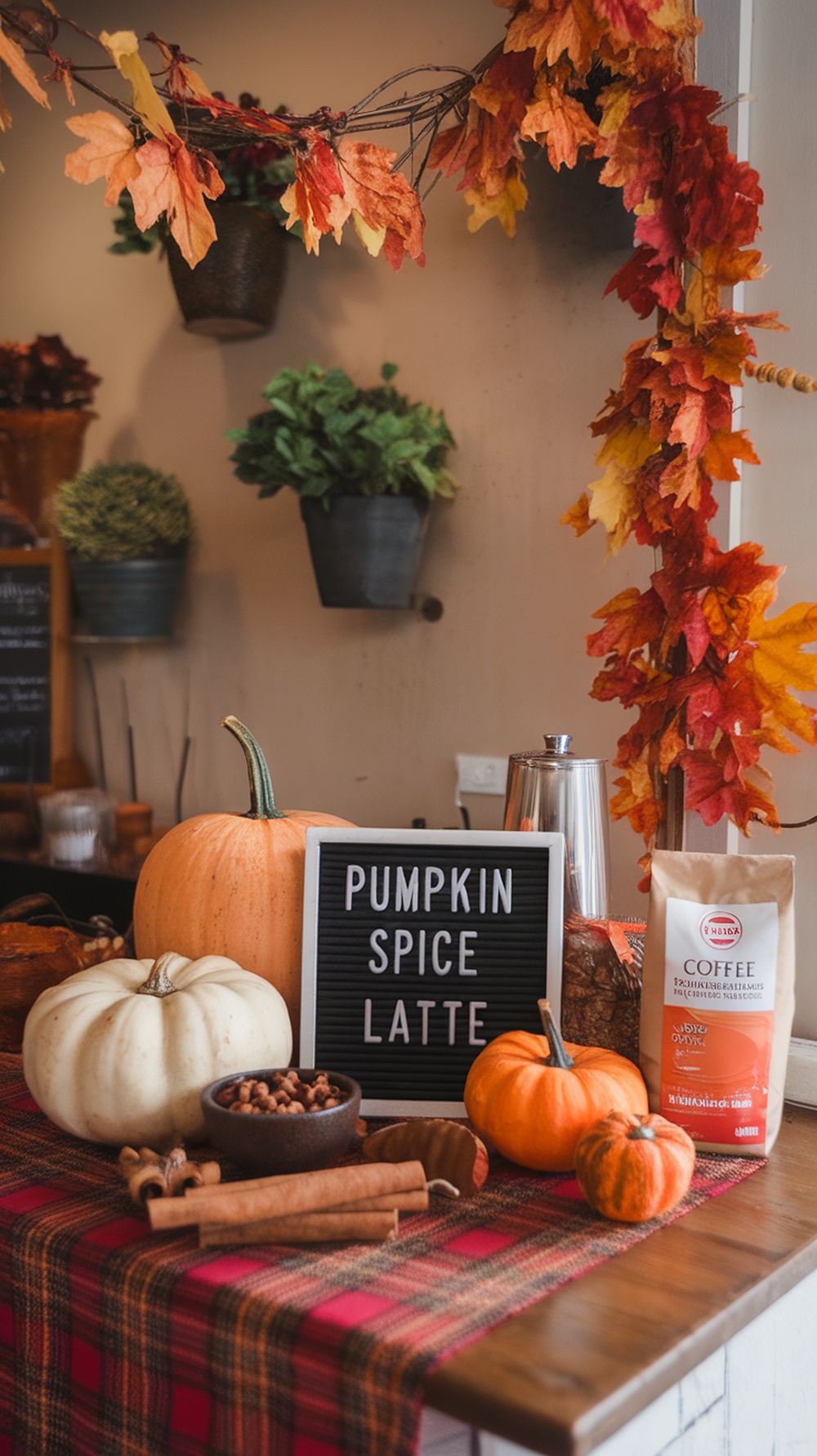 A fall-themed coffee bar with pumpkins, autumn leaves, and a sign for pumpkin spice latte
