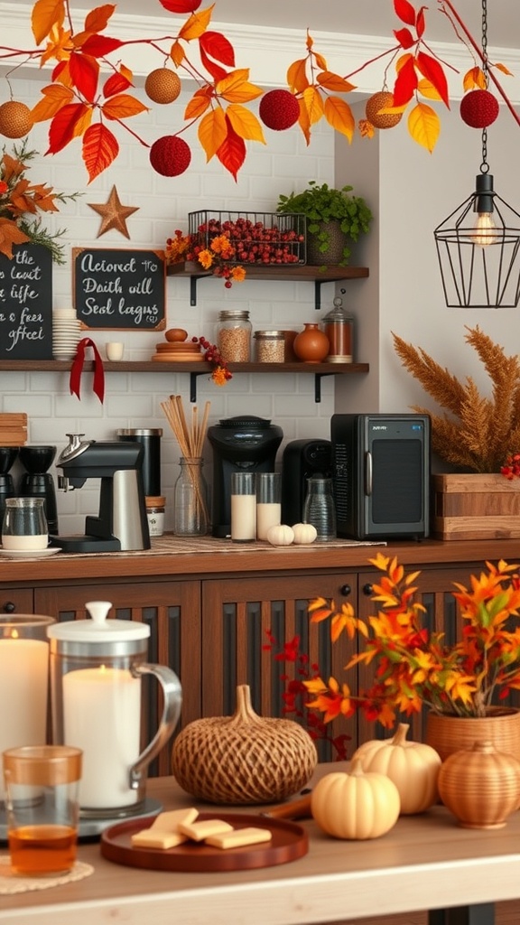 A cozy kitchen coffee bar decorated for autumn with pumpkins, candles, and colorful leaves.