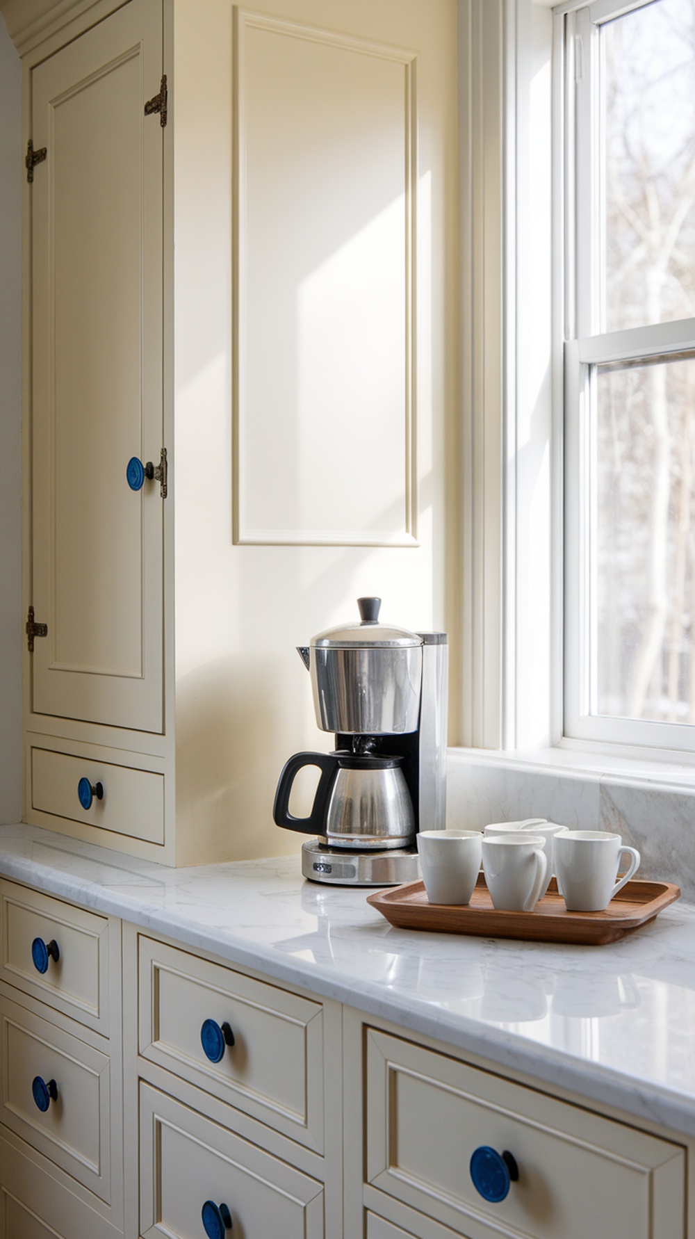 A shaker-style coffee bar featuring ceramic knobs, a coffee maker, and cups on a wooden tray.