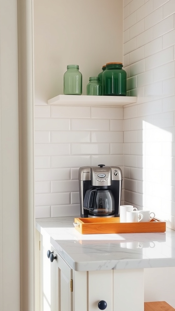 Shaker-style coffee bar station with ceramic knobs and subway tile background.