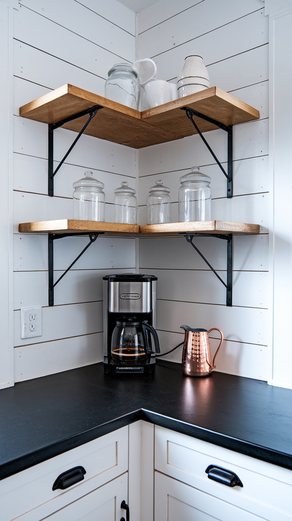 A corner coffee bar featuring shiplap walls, wooden shelves, and a coffee maker.