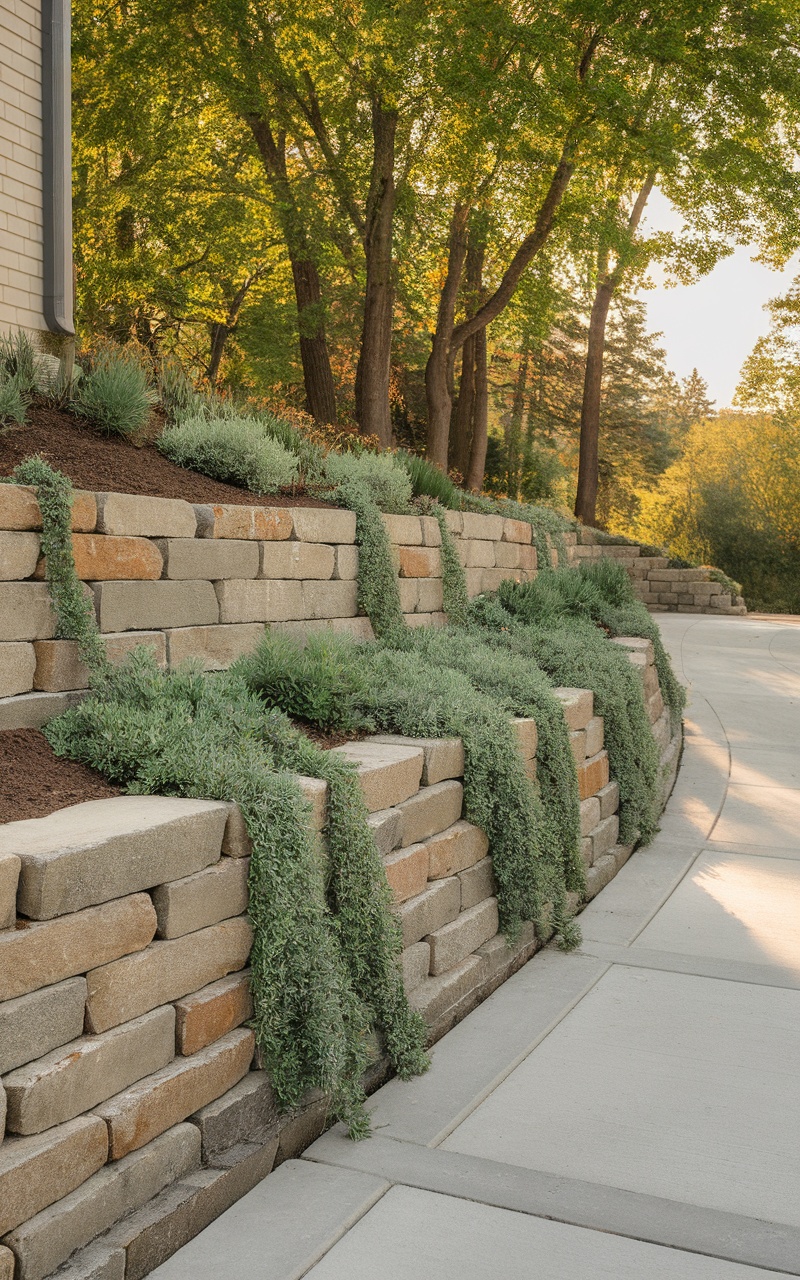 Rock slope retaining wall with greenery along a driveway