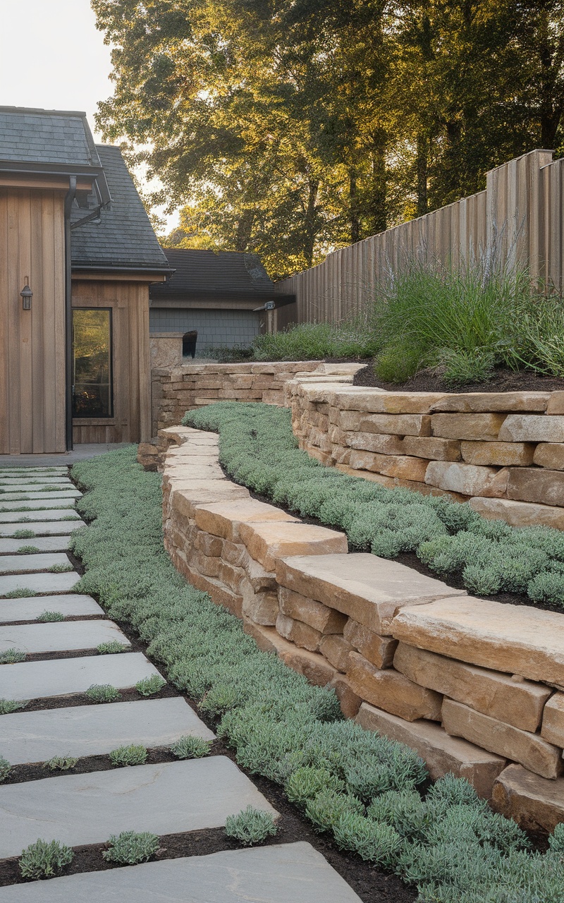 A landscaped side entrance featuring stone walls and lush greenery.