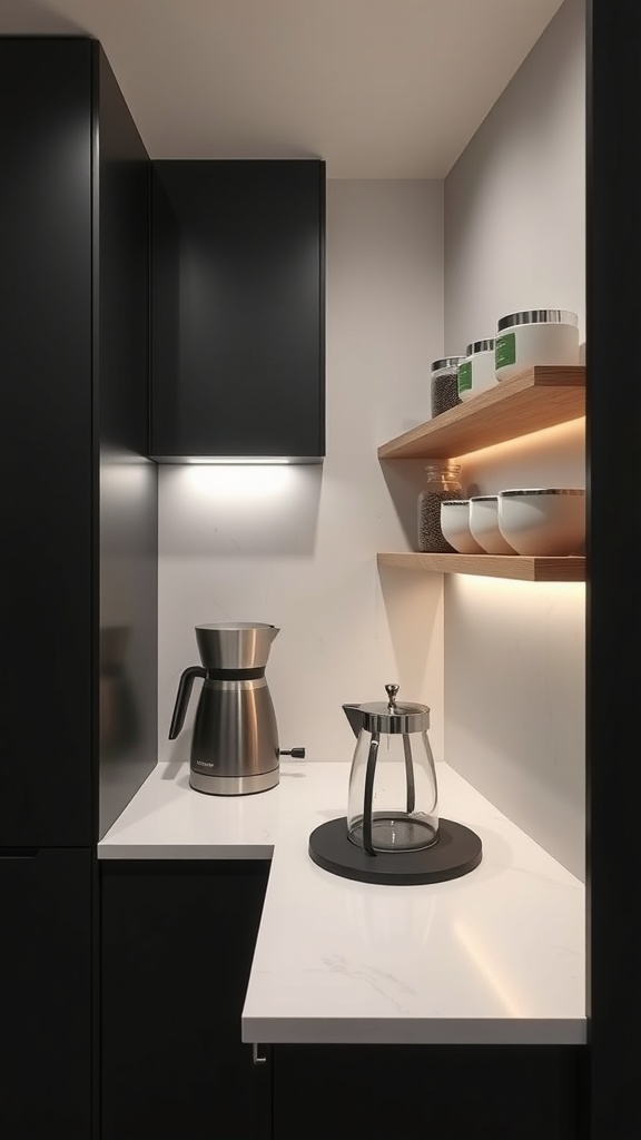 A sleek coffee bar nook featuring matte-black cabinetry, a coffee maker, and a French press on a white countertop.