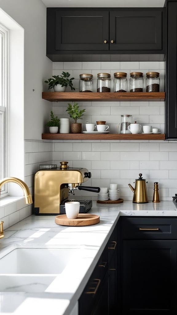 Sleek marble coffee bar with brass accents and modern coffee equipment