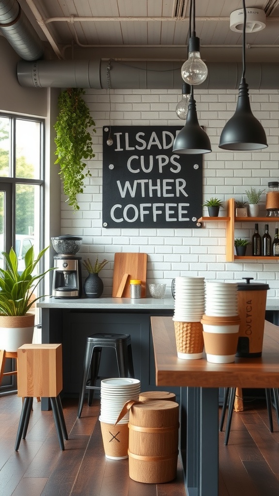 A stylish coffee bar setup featuring reusable cups, plants, and modern decor.