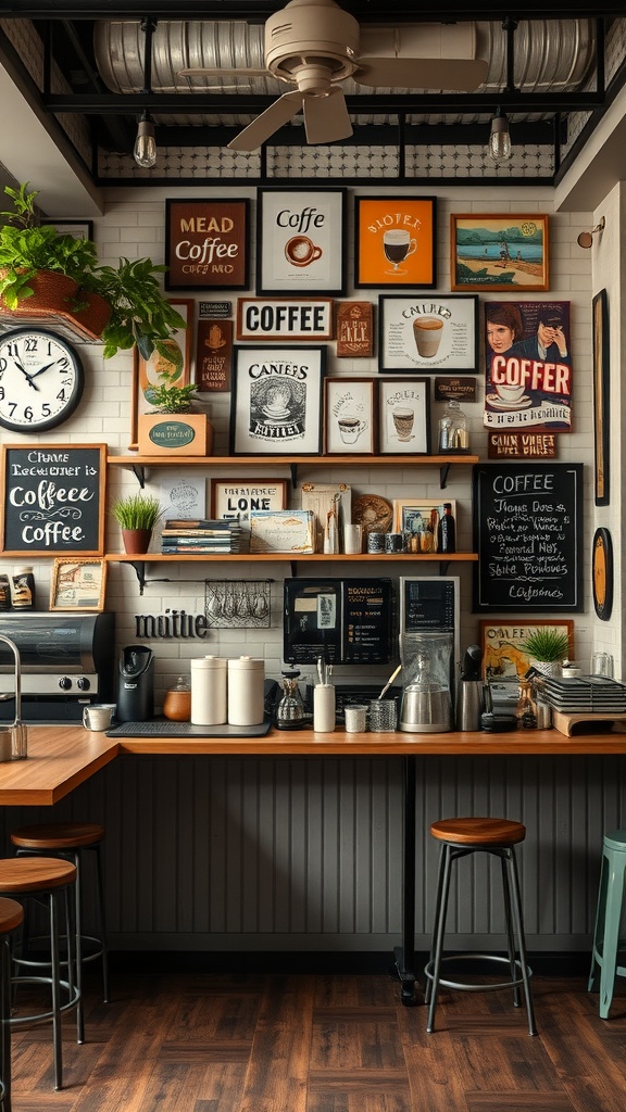 A beautifully arranged coffee bar with various coffee-related decorations and equipment.