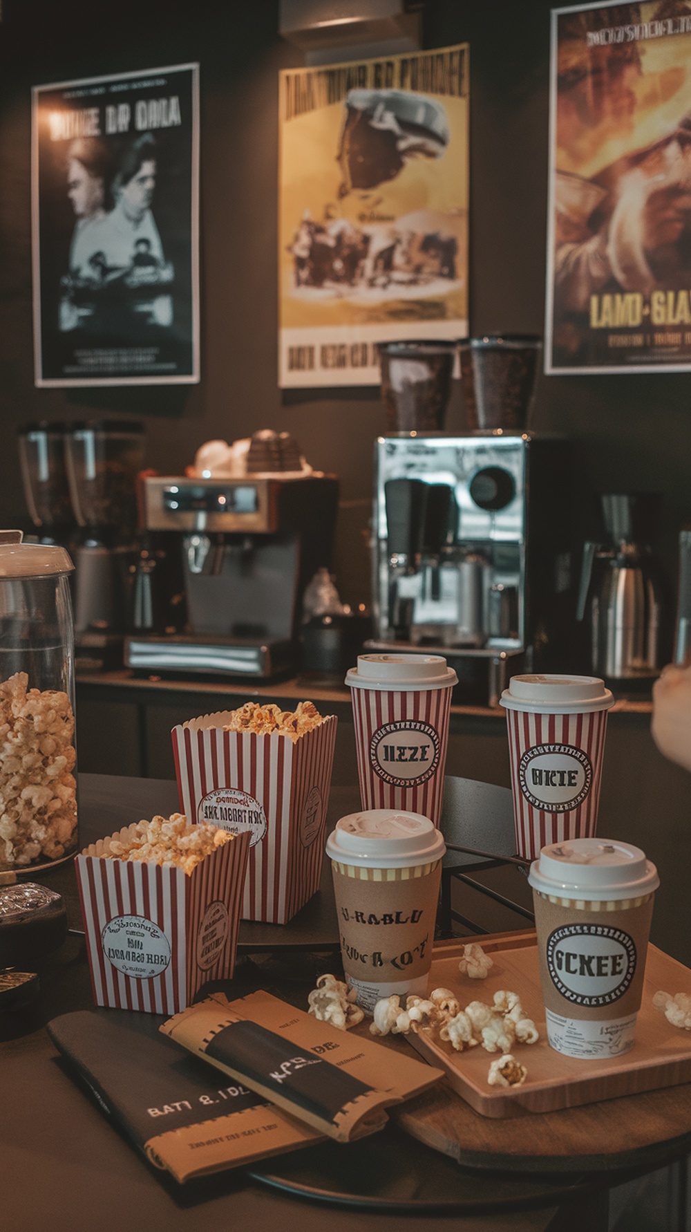 A stylish coffee bar setup featuring coffee cups, popcorn, and a coffee machine, with movie posters in the background.