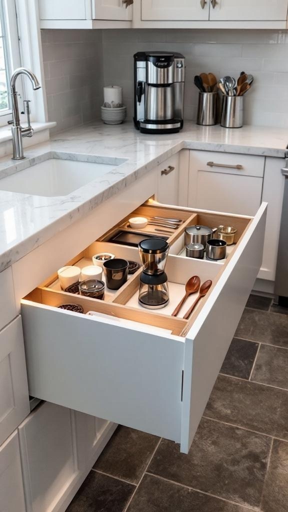 Under-counter built-in coffee bar drawer with compartments for coffee accessories and grinder.