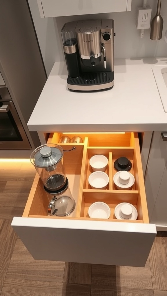 Under-counter coffee bar drawer with integrated grinder and organized coffee supplies.