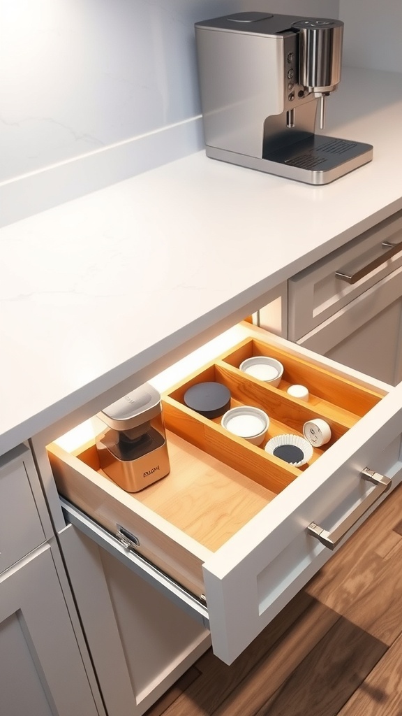 A modern kitchen with a pull-out drawer containing coffee supplies and a coffee machine on the counter.