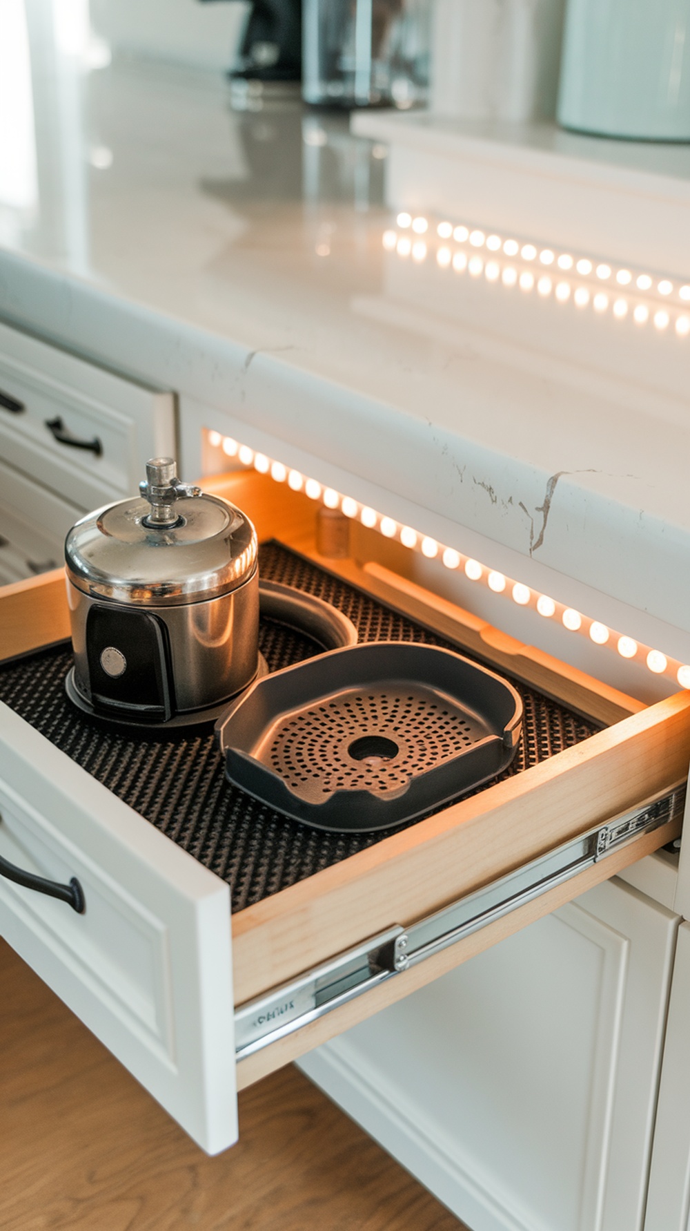 A pull-out drawer with a coffee pot and tray, designed for a kitchen coffee bar.