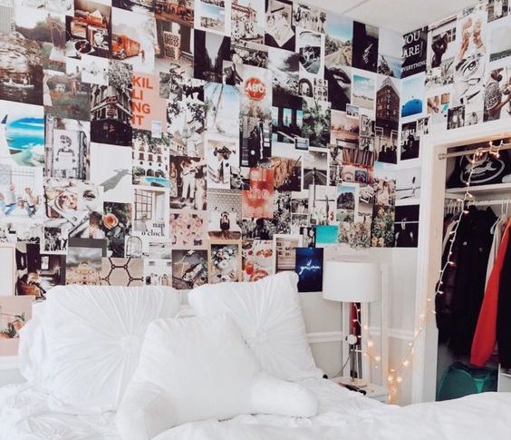 Bedroom with unique shapes collage wall