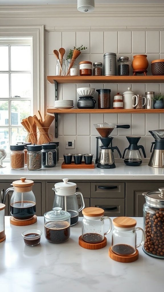 A stylish coffee brewing station with various coffee makers and jars on display.