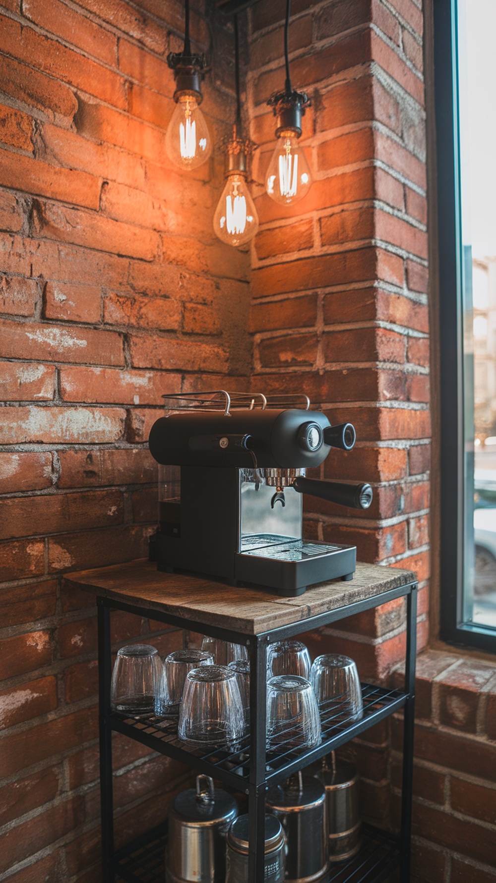 Urban loft coffee bar with exposed brick wall and modern espresso machine.