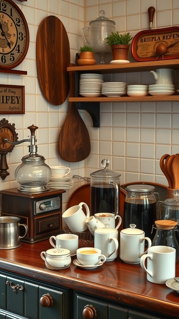 A vintage coffee bar setup featuring antique coffee equipment, porcelain cups, and wooden shelves.