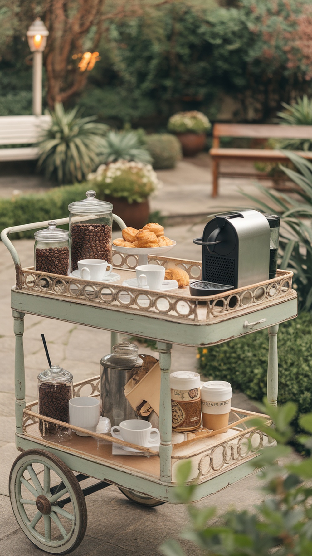 A vintage coffee cart with coffee supplies and pastries in a garden setting.