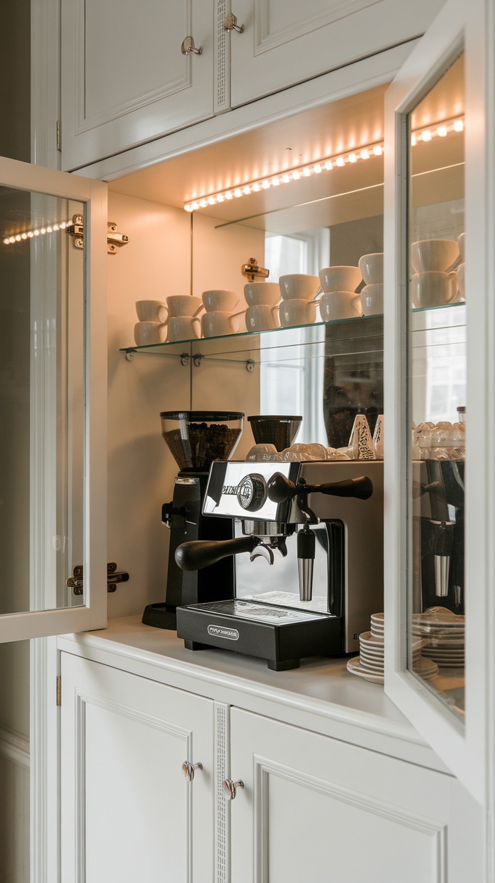 Vintage coffee bar cabinet with glass doors showcasing coffee machines and cups