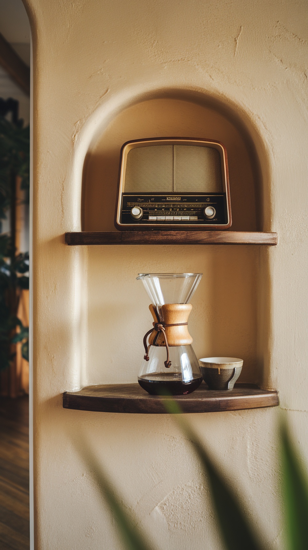 A vintage radio on a shelf above a coffee maker and a small cup.