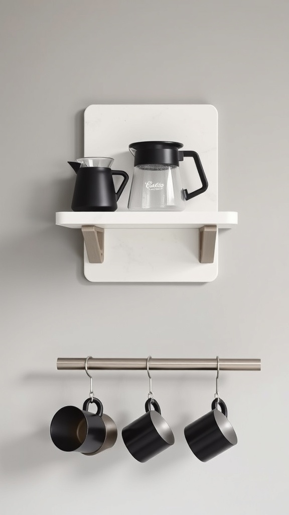 A stylish wall-mounted coffee station featuring a shelf with a coffee pot and a magnetic rail holding three black mugs.