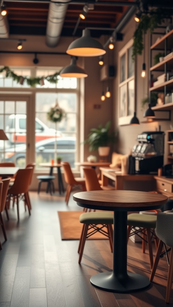 A warm and inviting coffee bar setup in a cafe with wooden tables and cozy seating.