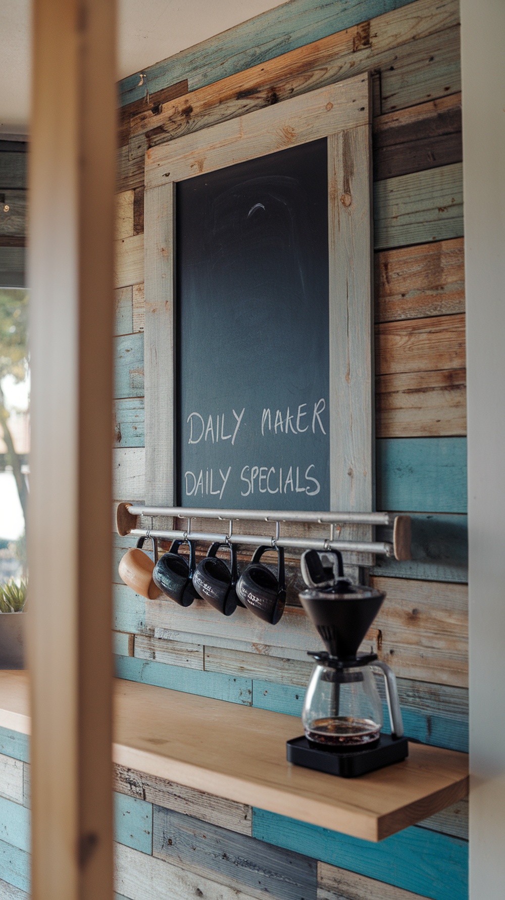 Wood-framed chalkboard coffee bar with cup rail and coffee maker